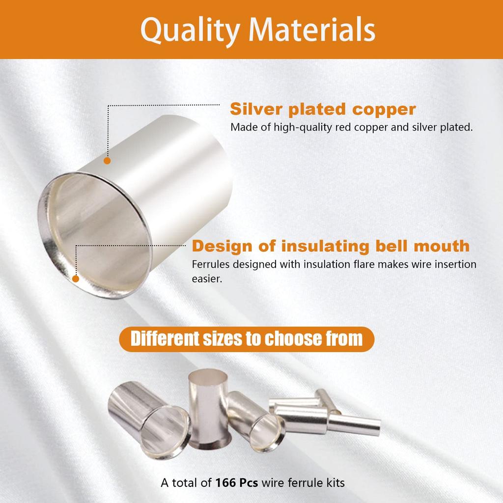 166/305 Pcs Wire Ferrules Kit 8 Sizes Silver Plated Copper Crimp Terminal Connector Insulated Cord End Sleeves Terminal