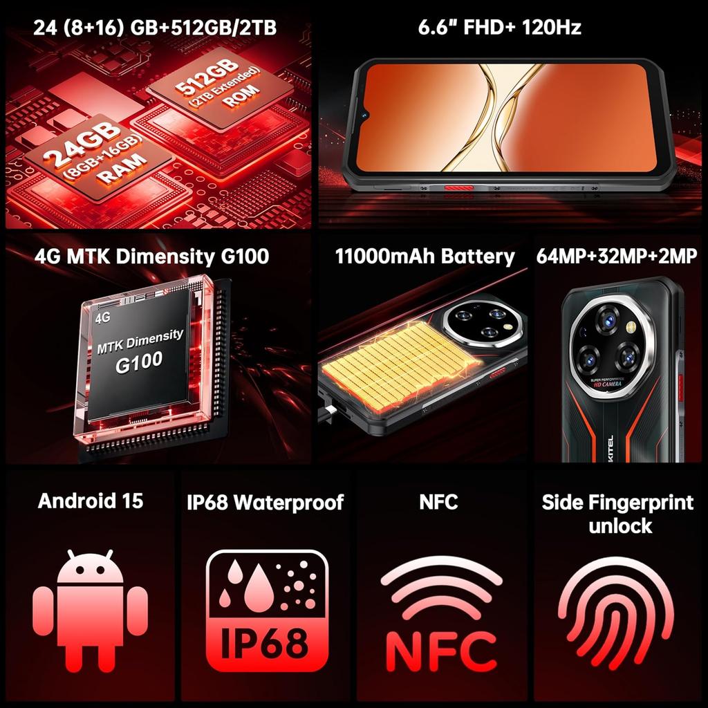 OUKITEL WP55S Cellphone 24GB+256GB 11000mAh 6.6" Display 64MP Android 15 Smartphone