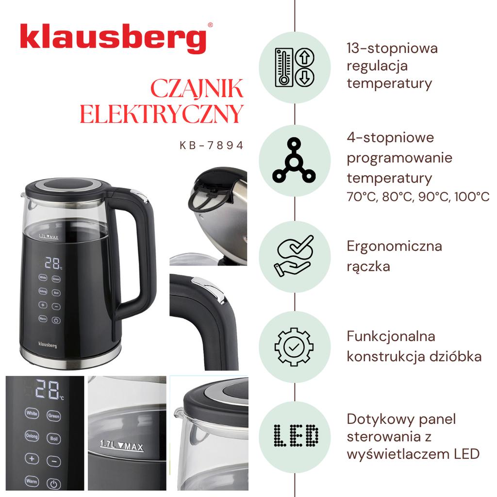 Czajnik elektryczny z regulacją temperatury 1.7L bezprzewodowy czarny KLAUSBERG KB-7894
