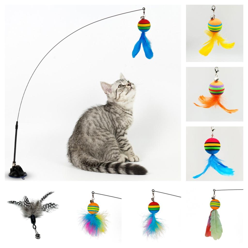 Cat Toys Interactive Funny Cat Feather Wand Suction Cup Ball Feathers Replacements with Bells for Indoor Cats Kitten Exercise