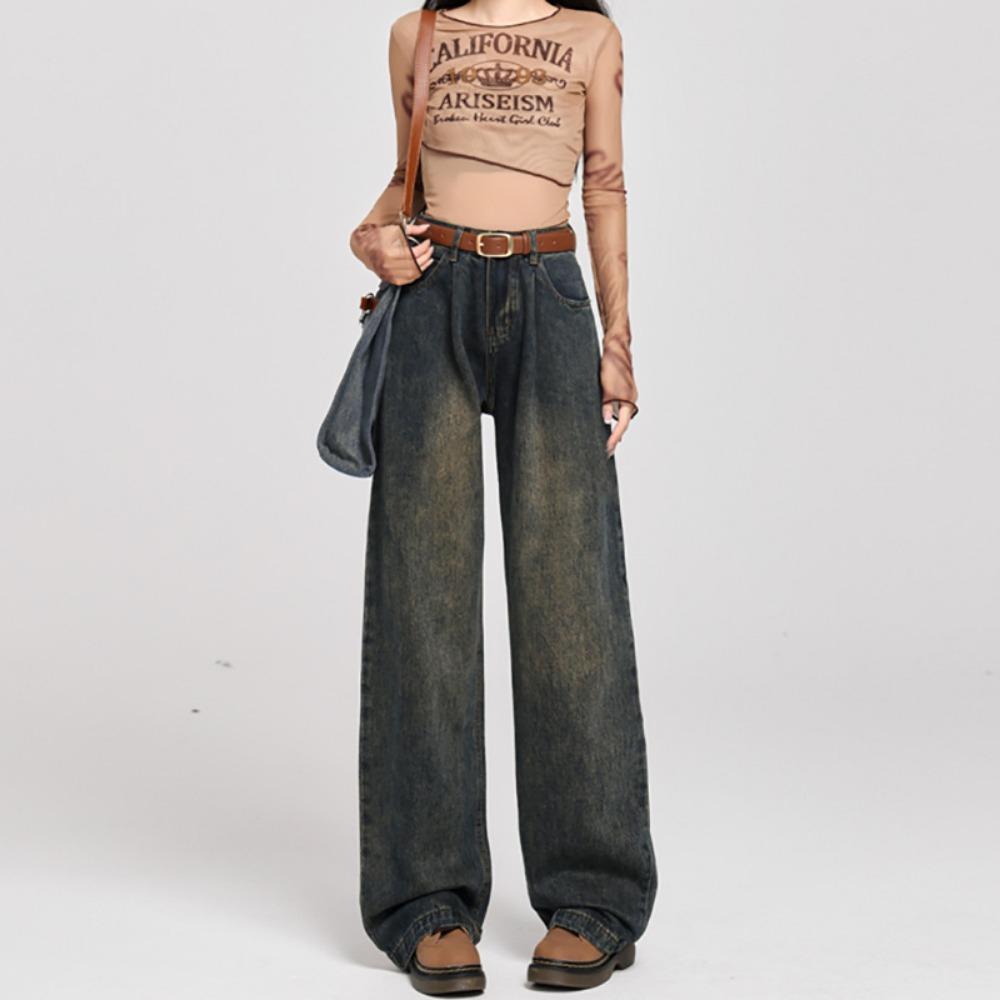 

Дизайн прямые джинсы ретро стиль Гонконг осень новый тонкий свободный драпировка высокая талия широкие брюки клеш прилив 2XL