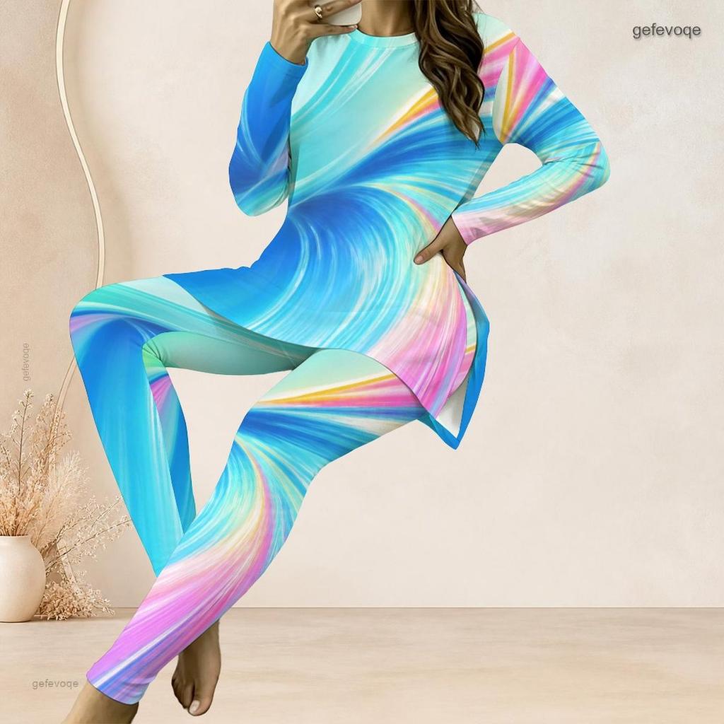 Women Plus Size Two Piece Pants Set Round Neck Long Sleeve Colorful Swirl Printed Longline Top Fitted Pants