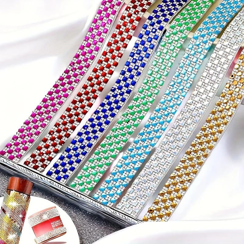 2 Rolls Clothing Accessories for Hats Bags Jackets Rhinestone Tape Iron-On Glass Self-Adhesive Chain Ribbon Multi-Color