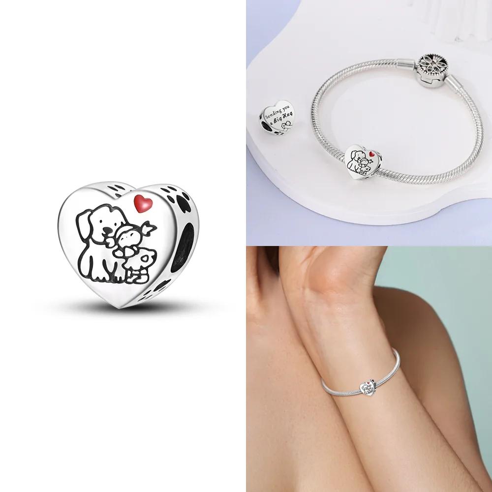 Copper Bracelet Jewelry Diy Accessories Beads Original Pink Zircon Hollow Out Heart Engraved Girl With Cat Hug Dog Paws Bead
