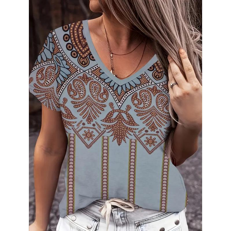 Fashion Women's V-Neck T-Shirt Summer Outdoor Street Trend Short Sleeve Tops Floral Printed Patterns OverSize Loose  Clothing