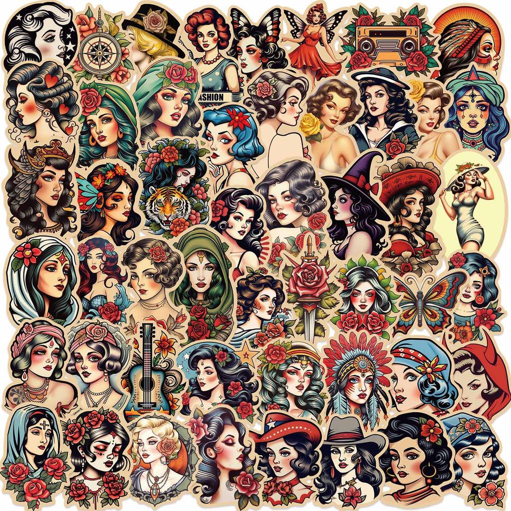 50 Retro Tattoo Girls Doodle Stickers Guitar Laptop Suitcase DIY Waterproof Stickers