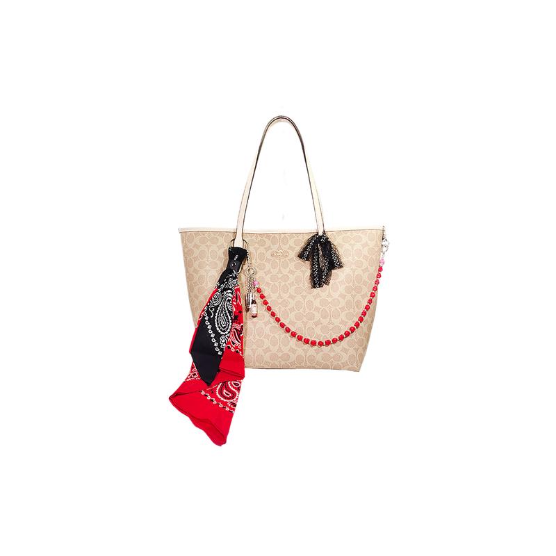 

COACH shoulder bag [Customized bag] City33 classic presbyopic Tote bag, scarf accessories, red bead chain pendant, American retro red and black tote чорний