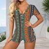 Women Plus Size Red Paisley Floral Printed V Neck Short Sleeve Button Front Fitted Romper