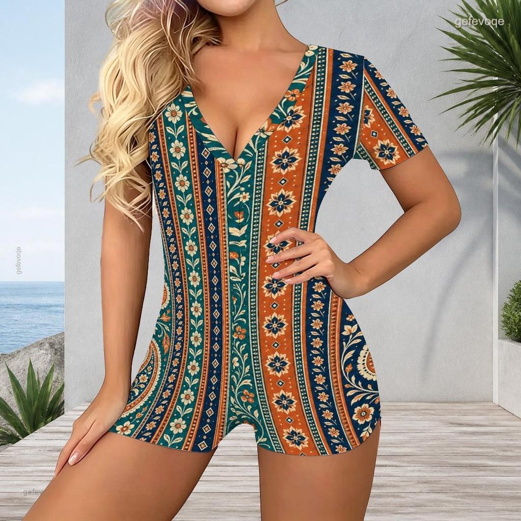 Women Plus Size Red Paisley Floral Printed V Neck Short Sleeve Button Front Fitted Romper