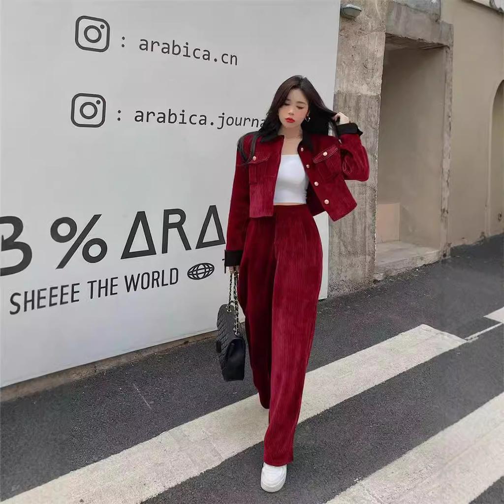 Corduroy Suit Women's Autumn New Fashion Temperament Socialite Polo Collar Jacket Wide-leg Pants Two-piece Set