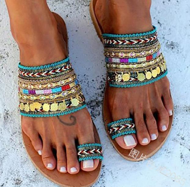 Fashion Chaussures De Style Ethnique Bohème Pour Femmes, Sandales Plates Ouvertes, Tongs De Plage, Pantoufles Pour Femmes