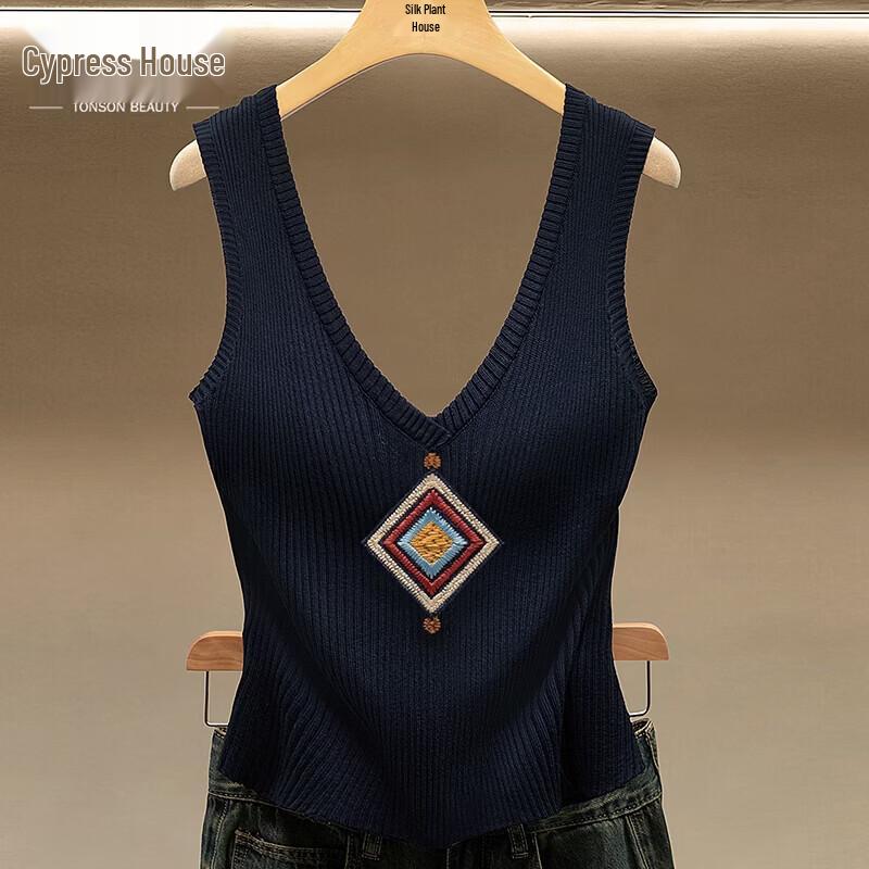 Women s Embroidered V-Neck Knit Vest One Size