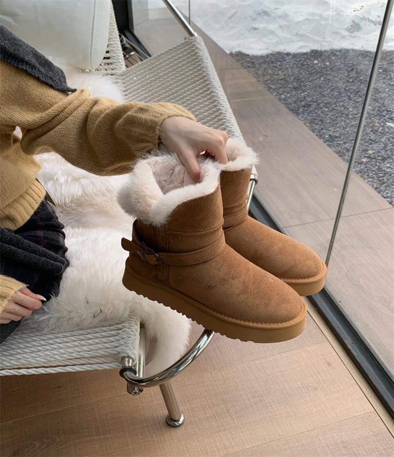 Low Tube Thick Bottom Leather Buckle Knight Boots Sangpo Sheepskin Fur Integrated Thickened Warm Snow Boots Women