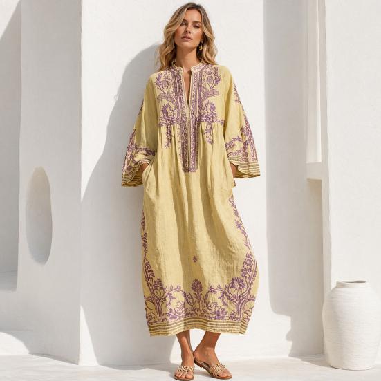 Abito Lungo Boho Casual da Donna, Estivo Lungo Bohémien con Stampa Ricamata, Manica 3/4 Scollo a V Svasato, Abiti da Vacanza con Tasche