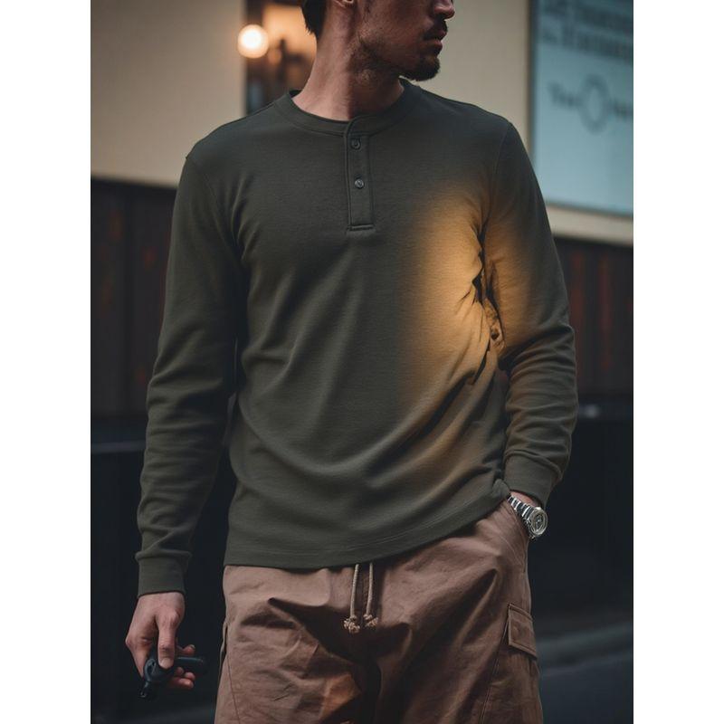 American Retro Old Money Style Tough Guy Henley Collar Base Shirt Men's Winter Long-Sleeve T-Shirt Foreign Trade Men's Casual Tee