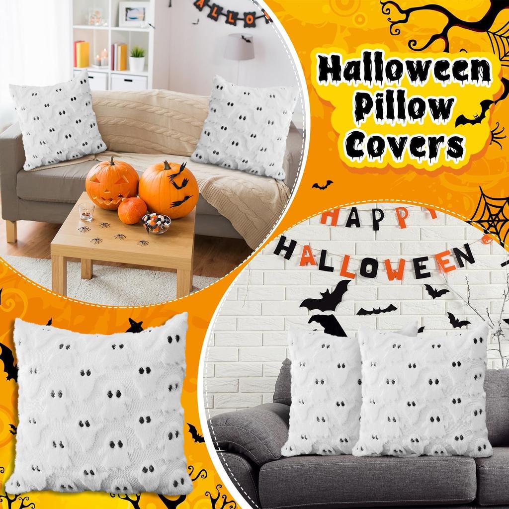 Halloween Pillow Covers 18x18 Inch White Throw Pillow Cases Soft Plush Faux Wool Couch Cushion Case For Chair Sofa Bedroom Room Home Decor