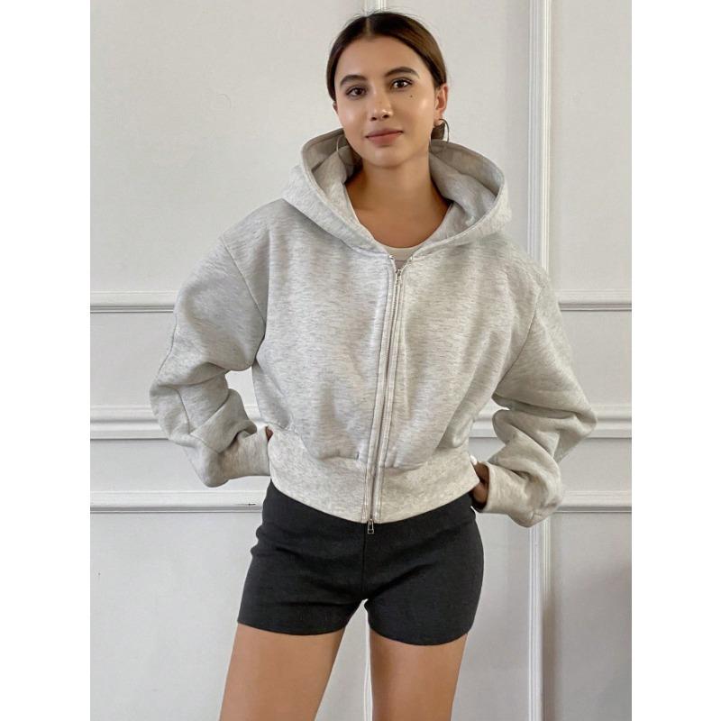 Women Short Zip Up Hooded Cardigan Batwing Sleeve Loose Streetwear Solid Color
