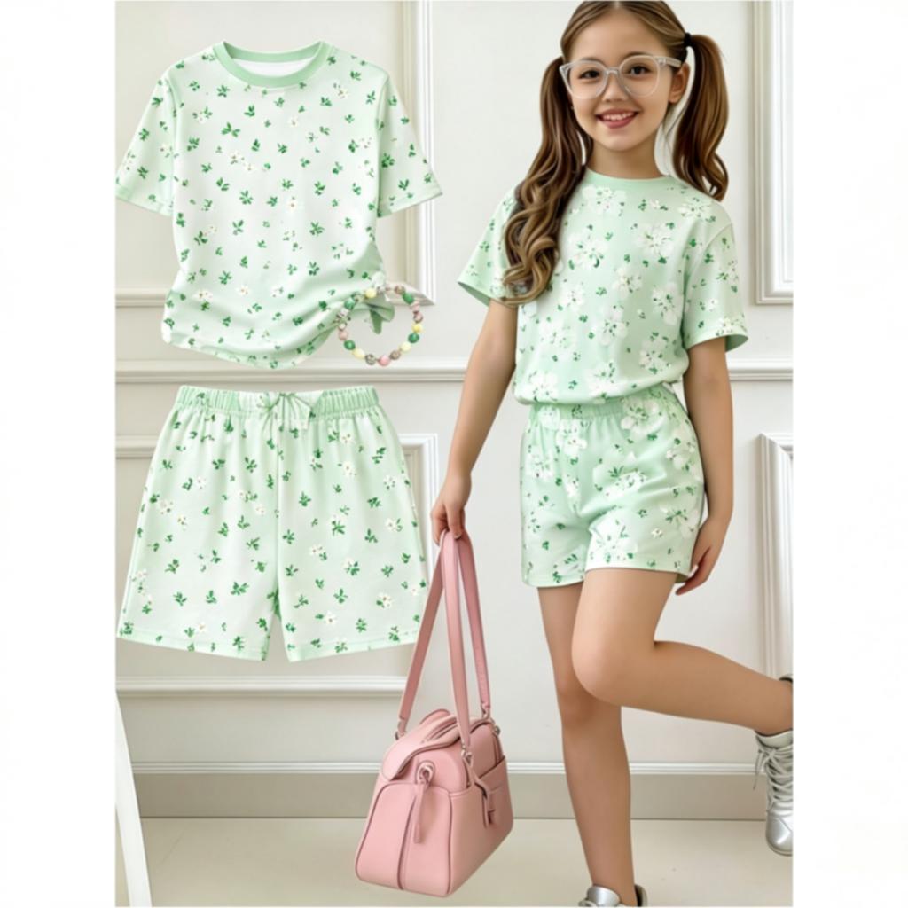 Girls 2‑Piece Summer Set Daisy Floral Print Short‑Sleeve Top and Elastic Waist Shorts Kids Casual Daily Clothing