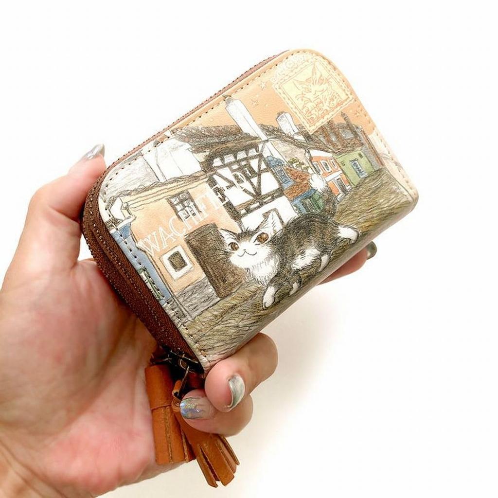 [WACHIFIELD] Dayan the Cat, Easy To Use, Double-Sided Card and Coin Purse, Genuine Leather, Double Coin Purse, Czech Step