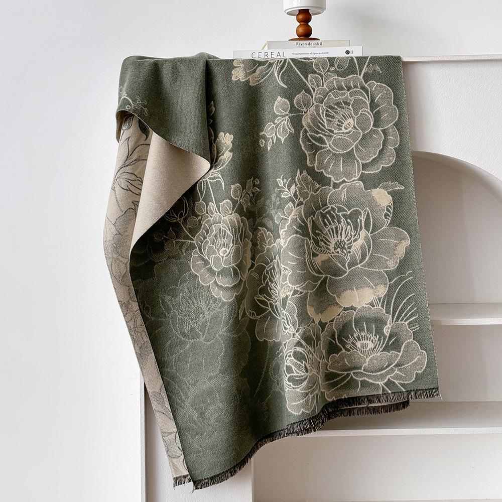 Vintage-Inspired for Lotus Print Scarf - Thick Warm Polyester Shawl for Women, Black & Cream Auspicious Design, Perfect for Winter Cold Weather