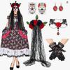 Halloween Party Essential Set: Tulle Headband, Skull Festival Hair Hoop, Gloves & Necklace for Day of the Dead Masquerade
