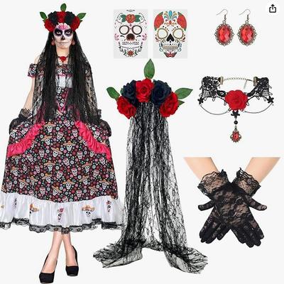 Halloween Party Essential Set: Tulle Headband, Skull Festival Hair Hoop, Gloves & Necklace for Day of the Dead Masquerade