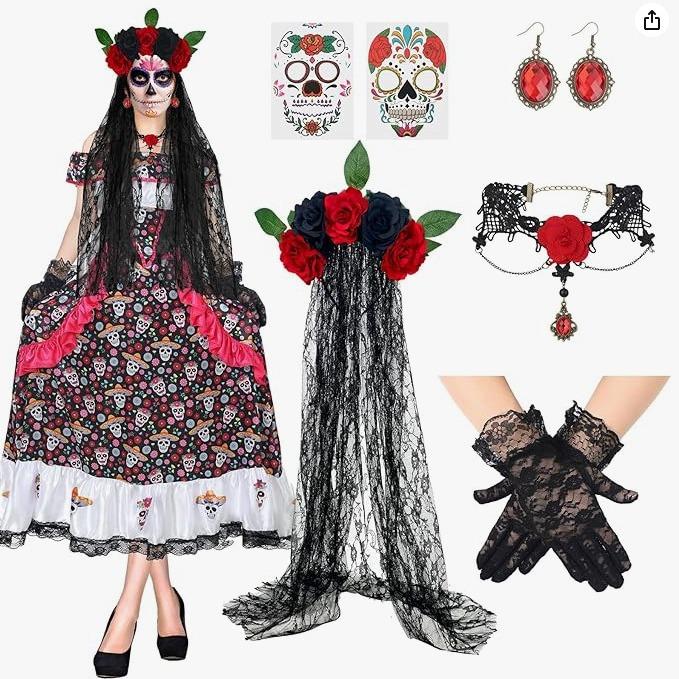 Halloween Party Essential Set: Tulle Headband, Skull Festival Hair Hoop, Gloves & Necklace for Day of the Dead Masquerade