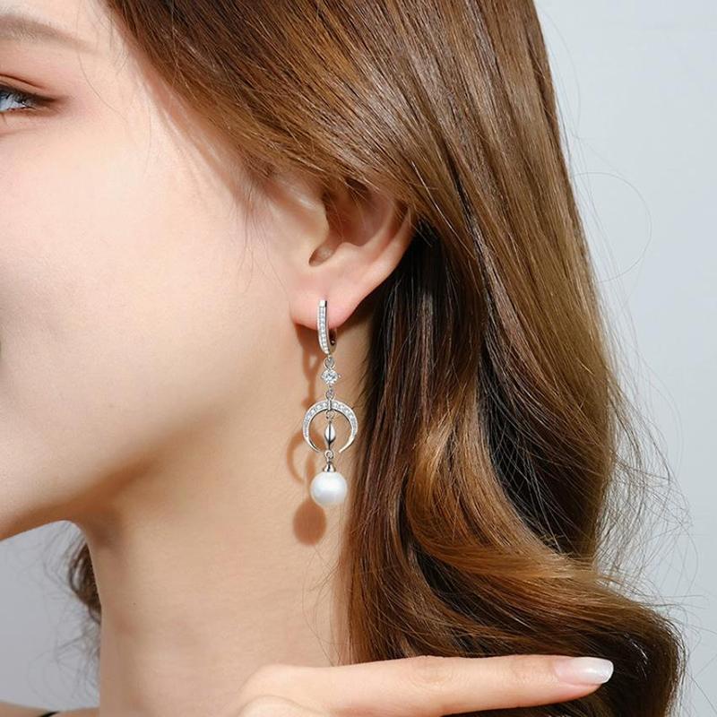 European and American Zircon Earrings Luxurious Shiny 925 Silver Crescent Moon Ear Buckle Women's Elegant Pearl Earring KOFSAC