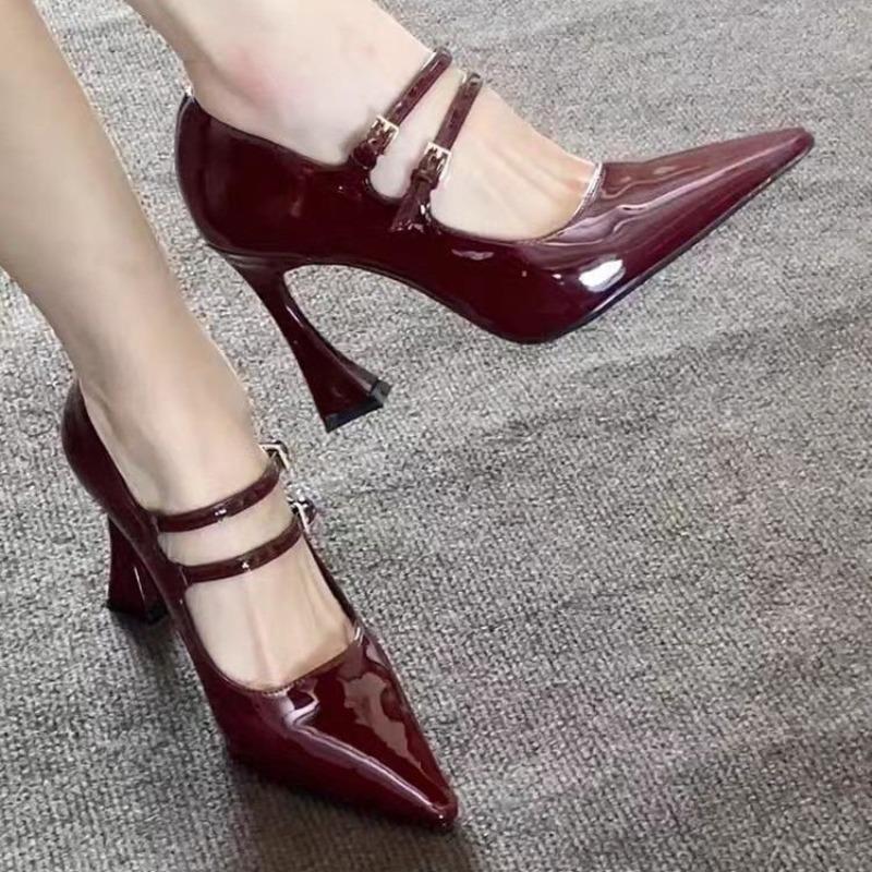 2025 New Fashion Double Buckle Strap Women Pumps Sexy Black Patent Leather Pointed Toe Wedges High Heels Party Dress Shoes