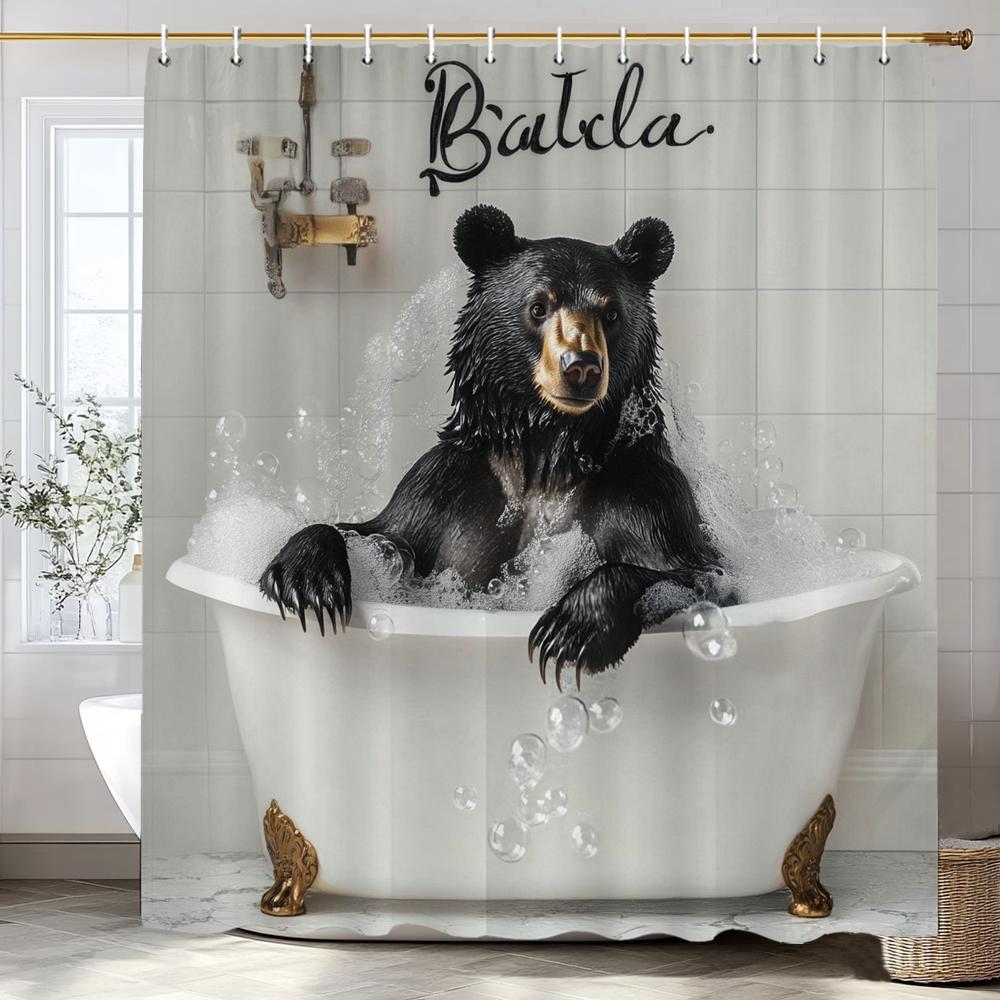 Cute Black Bear Bathing in the Bathtub Shower Curtain, Bathroom Decorative Shower Curtain, Waterproof Shower Curtain with Hooks