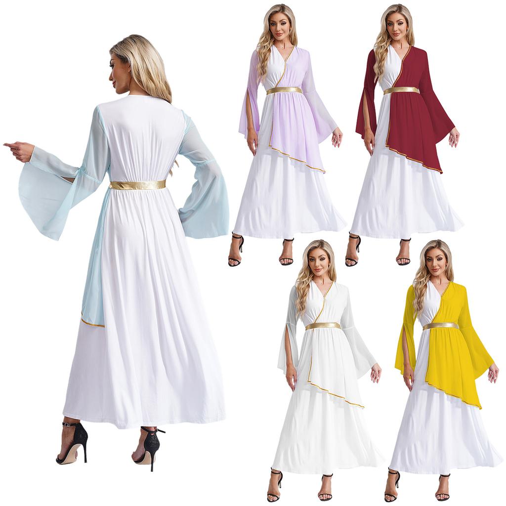 Womens Greek Costume Roman Queen Princess Ancient Toga Gown V Neck Long Sleeve Contrast Fancy Dress