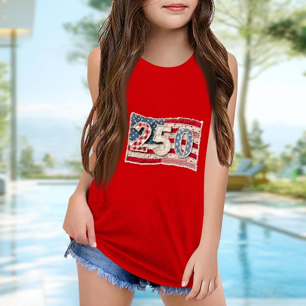 Girls  Kids Summer Crewneck Sleeveless Shirts Tank Tops Independence Day