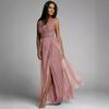 Glänzendes V-Ausschnitt Taillenbetontes Schlankmachendes Maxikleid mit Schlitz, Sexy Abendparty-Kleid für Damen Europäischer Amerikanischer Crossbody-Stil