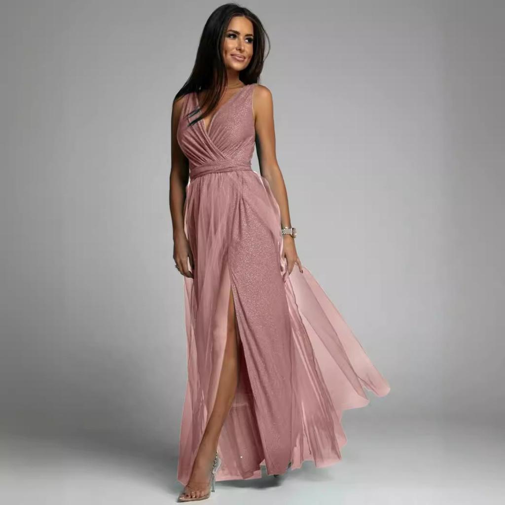 Glänzendes V-Ausschnitt Taillenbetontes Schlankmachendes Maxikleid mit Schlitz, Sexy Abendparty-Kleid für Damen Europäischer Amerikanischer Crossbody-Stil