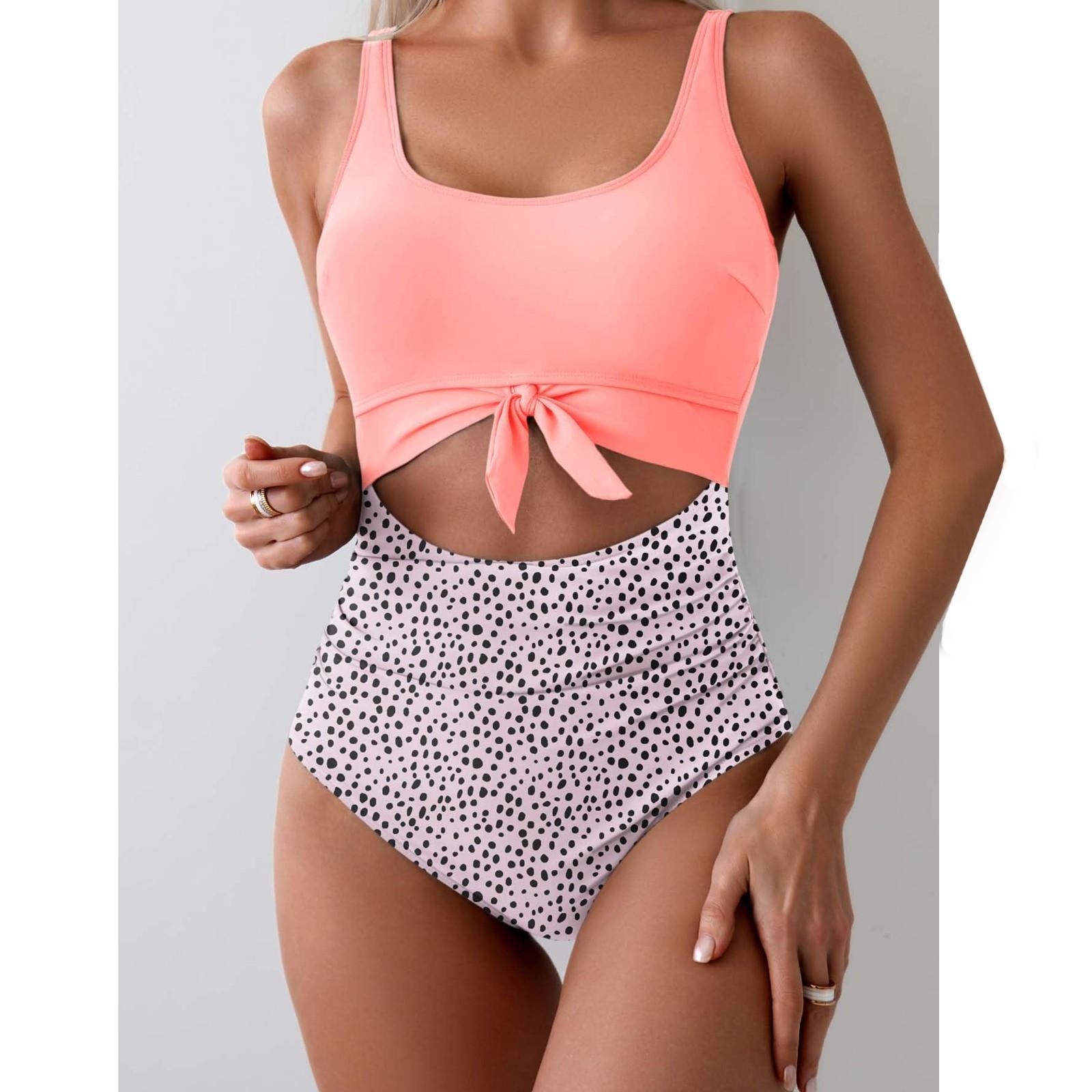 

Women s One-Piece Swimsuit With Cross Straps To Cover The Belly, Conservative Color Patchwork Swimsuit XXL рожевий
