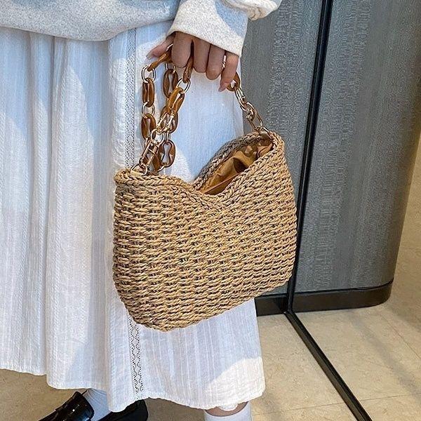 Summer Beach Vacation Straw Woven Bag for Women - Chain-Embellished Versatile Handheld Shoulder Bag
