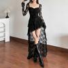 Gothic Dark Fairycore Krajkové šaty s rozšířenými rukávy a čtvercovým výstřihem ve střihu A, Sladké E-Girl šaty s nepravidelným dlouhým lemem, Cyber Y2K Party Vestido