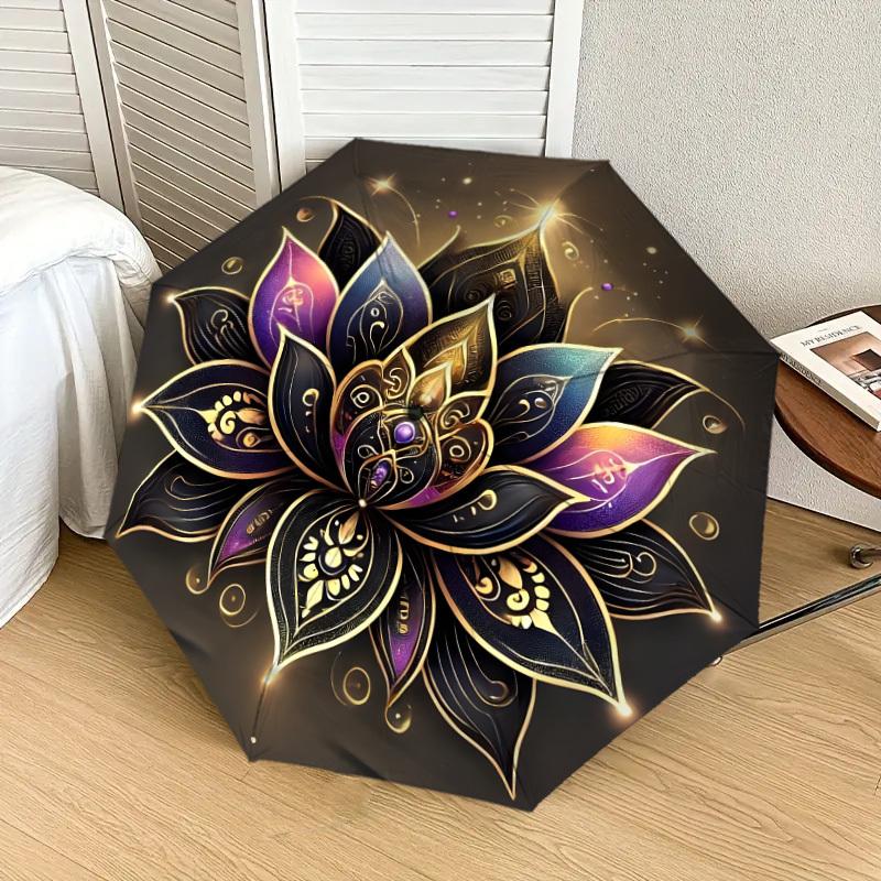 1pc Golden Lotus Mandala Umbrella with Plastic Handle,Suitable for All Seasons Home Travel Outdoor UmbrellaDD1016