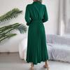 Spring Summer Women Long Sleeve Solid Pleated High Waist A Line V-Neck Long Dress
