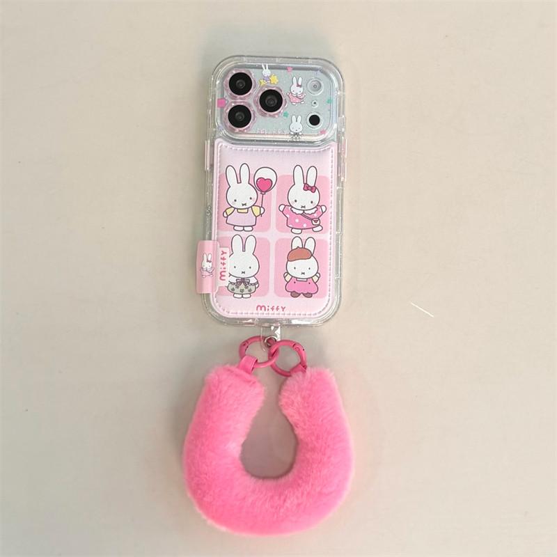 

Korean Cute Laser Rabbit Pink Phone Case For iPhone 17 Pro 16 15 14 Pro Max Cover with 3D Plush Bunny Cartoon Cases For Girls Ca For iPhone 17ProMax