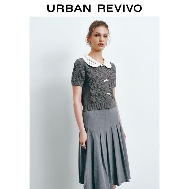 UR2026 Women s Color-block Lace Lapel Cable Knit Cardigan M