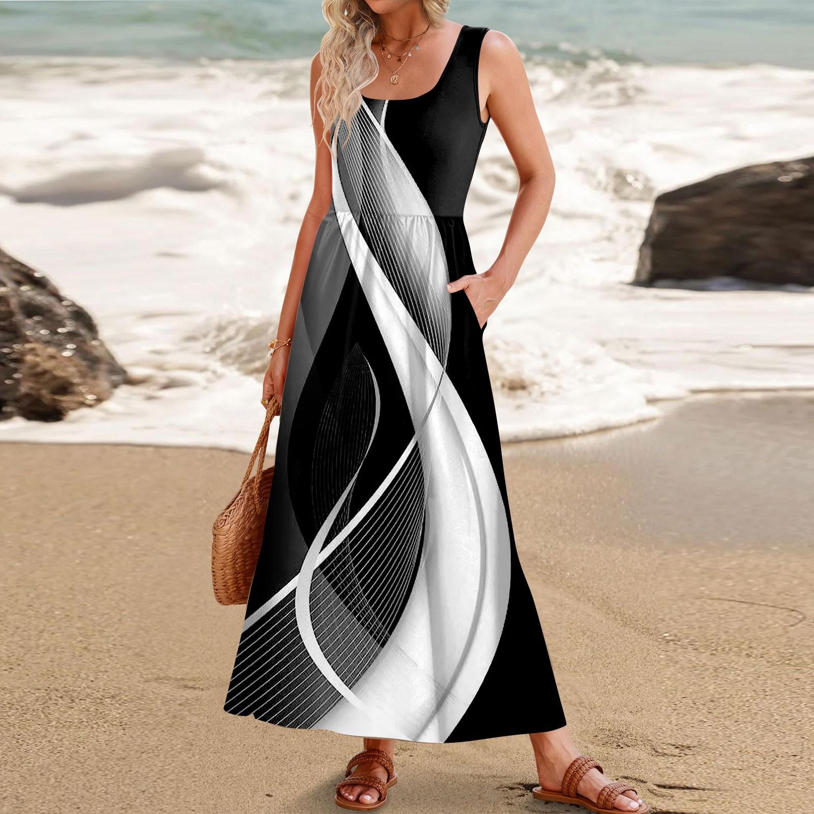 

Женское летнее платье макси 2024, повседневное платье без рукавов с цветочным принтом и квадратным вырезом, струящиеся длинные пляжные элегантные сарафаны на бретелях с карманами S чёрный