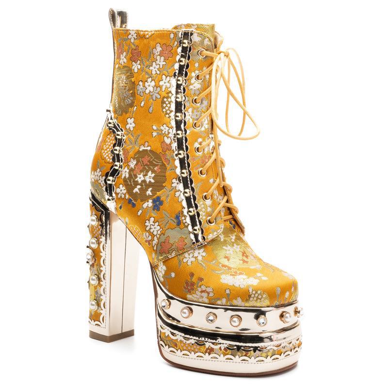 

Fashion Women s Boots Mid Calf Roman Street Style Low Cut Boots 14CM Square Heel New Autumn/Winter Embroidered Pearl Women Shoe 39 жовтий