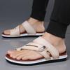 Men Flats Slippers Summer Brown Wide Head Roman Sandals Retro Flip Flops Black Leather Beach Shoes Plus Size
