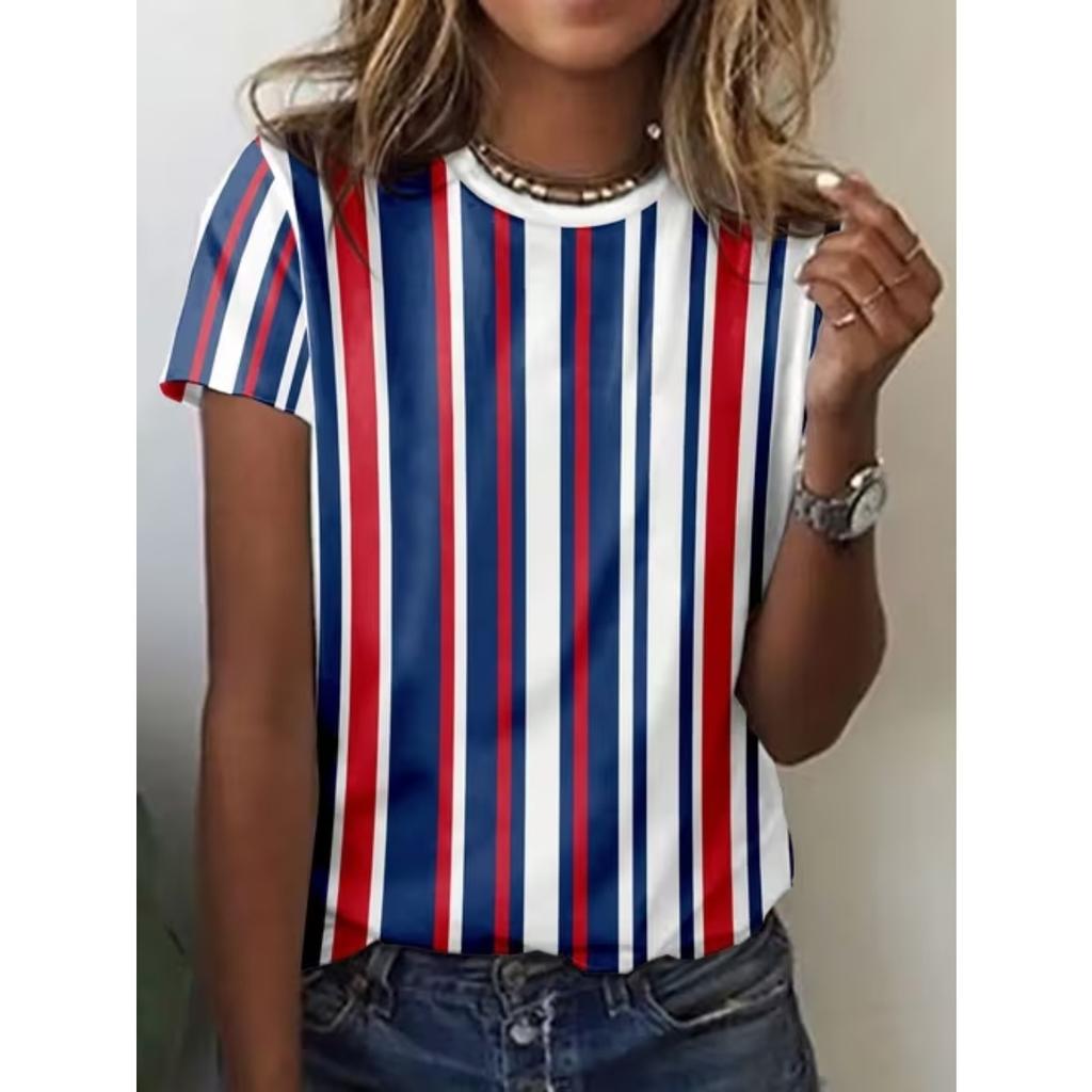 Fashion Women Retro Line Patterns Print T Shirt Funny Casual O-neck Short Sleeves T-shirt Summer Female Tee Shirt