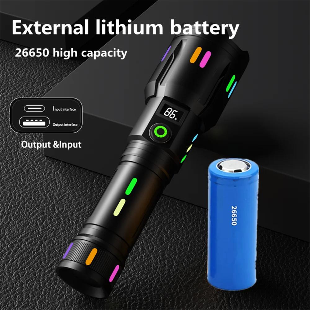 High Power 10000LM Spotlight Long Range LED 26650 Flashlight With Luminous StripsTail Glass Breaker Zoom Torch Camping Emergency