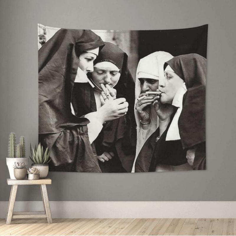 Vintage Nun Art Tapestry Black and White Living Room Sofa Backdrop Wall Coffee Shop Decor Artsy Style Room Accent