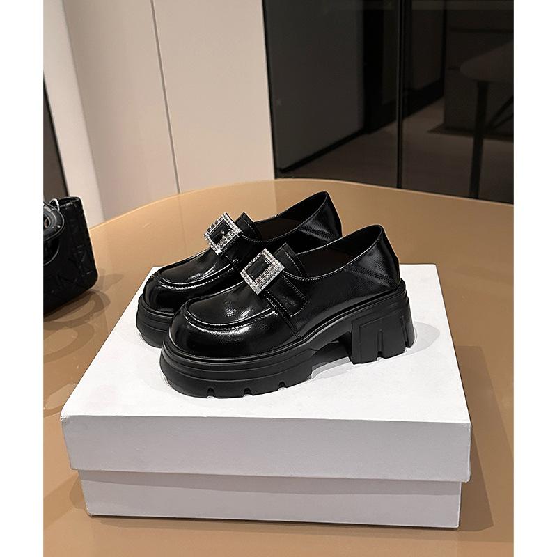 [Sheepskin version] Korean version of high school students JK platform loafers for women's 2025 spring new rhinestone square buckle small leather sho
