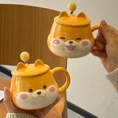 Creative Cute Shiba Inu Ceramic Cup With Lid High Value Wind Home Couple Water Cup With Hand Gift