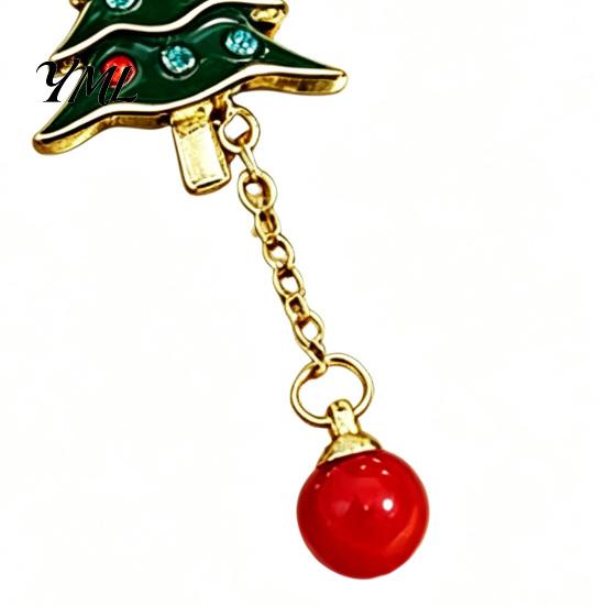 Holiday Jewelry Gifts 1 Pair Christmas Tree Earrings for Women, Colorful Rhinestone Shaped Gold Plated Alloy Dangle with Red Bead Charm, Winter